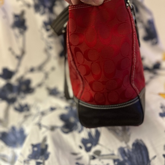 Coach Red Signature Hampton Satchel Handbag Red Leather Trim STYLE F13975. - Picture 5 of 16